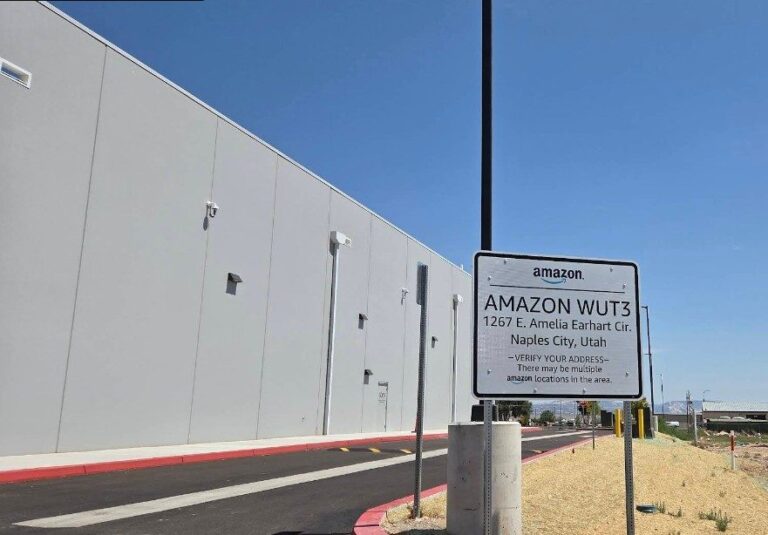 Amazon Distribution Facility, Naples, UT - Building side elevation and site sign
